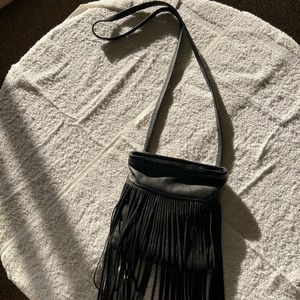 MARGOT BLACK LEATHER FRINGE CROSSBODY BAG.